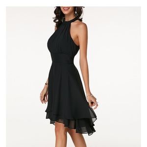Classy layered black chiffon dress.